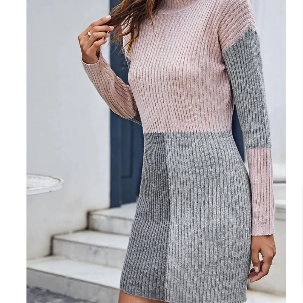 High Neck Color Block‎ Sweater Dress